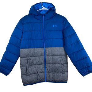 Under Armour Boys Sz XL Hooded Puffer Winter Jacket Full Zip Blue Gray